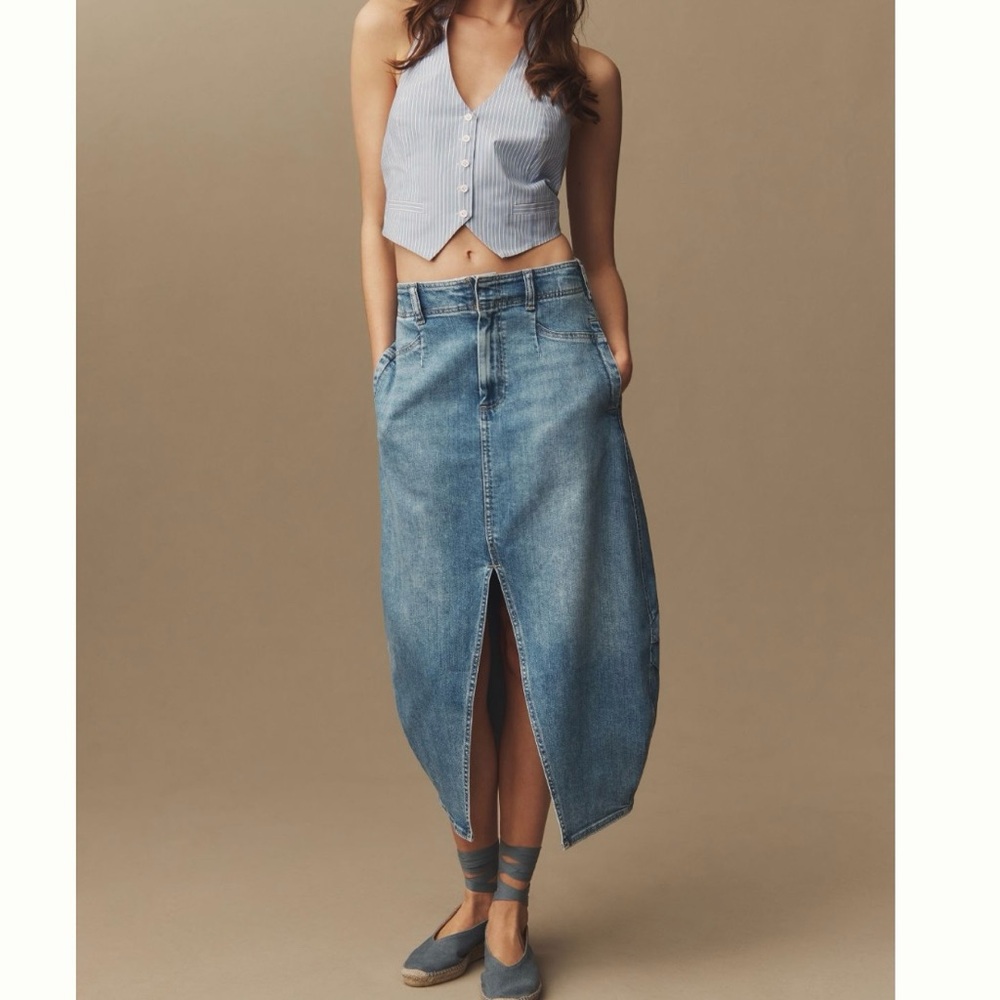 Anthro Pilcro Barrel Denim Midi Skirt NWT - Picture 1 of 3